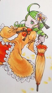 Rating: Safe Score: 0 Tags: 1girl ahoge bow broom closed_mouth closed_umbrella dress drill_hair flower frills green_eyes green_hair hair_ornament image kanaria long_hair long_sleeves orange_dress smile solo traditional_media umbrella User: admin