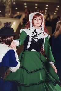 Rating: Safe Score: 0 Tags: 2girls 91076 blurry brown_hair depth_of_field dress green_dress hat long_hair long_sleeves multiple_cosplay multiple_girls solo_focus standing suiseiseki tagme User: admin
