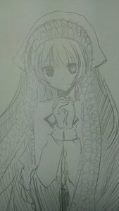 Rating: Safe Score: 0 Tags: 1girl bangs closed_mouth dress eyebrows_visible_through_hair greyscale hands_clasped image long_hair long_sleeves looking_at_viewer monochrome own_hands_together simple_background smile solo suiseiseki traditional_media very_long_hair User: admin