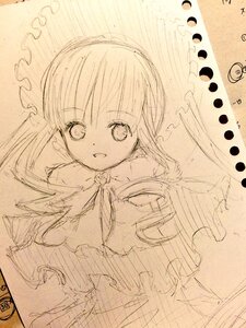 Rating: Safe Score: 0 Tags: 1girl :d auto_tagged bangs eyebrows_visible_through_hair image long_hair looking_at_viewer monochrome open_mouth photo shinku sketch skirt smile solo traditional_media User: admin