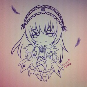 Rating: Safe Score: 0 Tags: 1girl chibi dress eyebrows_visible_through_hair feathers frills full_body hairband image long_hair long_sleeves looking_at_viewer monochrome smile solo standing suigintou traditional_media very_long_hair User: admin