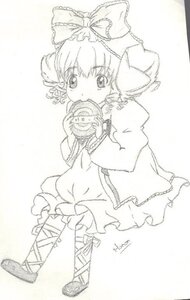 Rating: Safe Score: 0 Tags: 1girl bow dress drill_hair eating food full_body hair_bow hina_ichigo hinaichigo image long_sleeves looking_at_viewer monochrome short_hair solo twin_drills User: admin