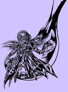 Rating: Safe Score: 0 Tags: 1girl dress frills full_body gradient gradient_background hairband image long_hair long_sleeves monochrome purple_background purple_theme solo suigintou very_long_hair User: admin