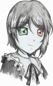 Rating: Safe Score: 0 Tags: 1girl bangs black_ribbon closed_mouth eyebrows_visible_through_hair frills green_eyes hair_between_eyes image looking_at_viewer monochrome neck_ribbon portrait ribbon short_hair smile solo souseiseki spot_color striped upper_body vertical_stripes User: admin