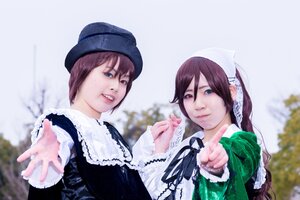 Rating: Safe Score: 0 Tags: 2girls blue_eyes blurry brown_hair depth_of_field hat head_scarf heterochromia lips long_hair long_sleeves looking_at_viewer multiple_cosplay multiple_girls ribbon short_hair siblings sisters smile souseiseki suiseiseki tagme twins User: admin
