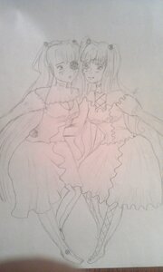 Rating: Safe Score: 0 Tags: 2girls barasuishou bow dress hair_ornament houraisan_kaguya image kirakishou long_hair monochrome multiple_girls pair sketch traditional_media twintails wide_sleeves User: admin