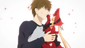 Rating: Safe Score: 0 Tags: 1boy 1girl blonde_hair brown_hair closed_eyes hair_ribbon hat image long_hair pair ribbon sakurada_jun shinku sparkle striped twintails User: admin
