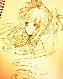 Rating: Safe Score: 0 Tags: 1girl bangs dress image long_hair looking_at_viewer maid_headdress monochrome ribbon shinku simple_background sketch solo traditional_media upper_body yellow_background yellow_theme User: admin