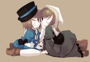 Rating: Safe Score: 0 Tags: 2girls blue_dress blush brown_hair dress hat image long_sleeves multiple_girls one_eye_closed pair pantyhose short_hair siblings simple_background sisters souseiseki suiseiseki top_hat twins User: admin