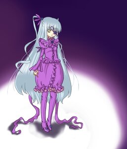 Rating: Safe Score: 0 Tags: 1girl barasuishou dress eyepatch frills full_body image long_hair long_sleeves pantyhose purple_dress silver_hair solo standing very_long_hair yellow_eyes User: admin
