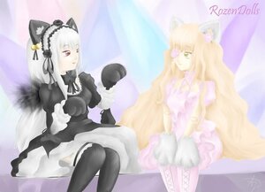 Rating: Safe Score: 0 Tags: 2girls animal_ears black_legwear blonde_hair cat_ears dress image kirakishou long_hair multiple_girls pair red_eyes silver_hair sitting suigintou tail thighhighs wings User: admin