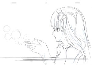 Rating: Safe Score: 0 Tags: 1girl barasuishou bubble eyebrows_visible_through_hair from_side greyscale image long_hair monochrome profile sketch solo striped striped_background User: admin