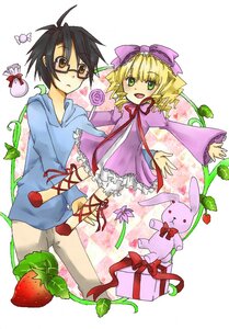 Rating: Safe Score: 0 Tags: 1boy 1girl apple black_hair blonde_hair bloomers bow brown_eyes cake dress food fruit glasses green_eyes hina_ichigo hinaichigo hood image object_namesake pink_bow ribbon short_hair smile solo strawberry white_bloomers User: admin