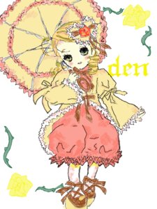 Rating: Safe Score: 0 Tags: 1girl blonde_hair blush dress drill_hair flower full_body hina_ichigo image kanaria long_sleeves parasol plant puffy_sleeves ribbon solo striped twin_drills umbrella vines User: admin