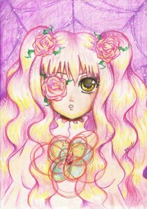 Rating: Safe Score: 0 Tags: 1girl blonde_hair choker flower hair_flower hair_ornament image kirakishou long_hair parted_lips pink_flower pink_hair pink_rose pink_theme red_flower red_rose rose solo thorns traditional_media vines yellow_rose User: admin