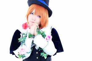 Rating: Safe Score: 0 Tags: 1girl blue_eyes dress flower hat orange_hair red_flower rose short_hair solo souseiseki striped User: admin