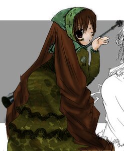 Rating: Safe Score: 0 Tags: 1girl bangs brown_hair dress frills head_scarf image long_sleeves looking_at_viewer one_eye_closed red_eyes solo suiseiseki User: admin