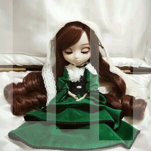 Rating: Safe Score: 0 Tags: 1girl bangs brown_hair closed_eyes doll dress facing_viewer green_dress long_hair long_sleeves solo suiseiseki swept_bangs veil very_long_hair User: admin