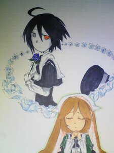 Rating: Safe Score: 0 Tags: 1boy ahoge black_hair blonde_hair blue_flower blue_rose brown_hair closed_eyes dress flower hat image long_hair long_sleeves pair rose short_hair souseiseki suiseiseki traditional_media User: admin