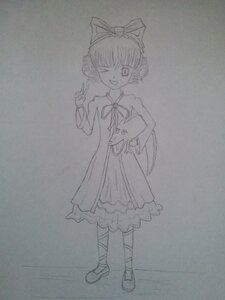 Rating: Safe Score: 0 Tags: 1girl bow dress full_body greyscale hair_bow hand_on_hip hinaichigo image looking_at_viewer monochrome one_eye_closed open_mouth ribbon sketch smile solo standing traditional_media User: admin