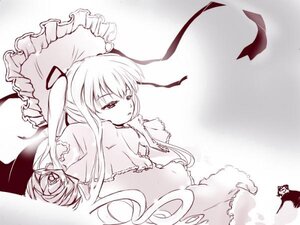 Rating: Safe Score: 0 Tags: 1girl dress frills hair_ribbon image long_hair looking_back monochrome ribbon shinku solo umbrella User: admin