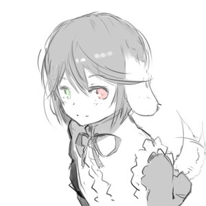Rating: Safe Score: 0 Tags: 1girl animal_ears blush closed_mouth eyebrows_visible_through_hair fur_trim green_eyes heterochromia image jacket looking_at_viewer monochrome red_eyes short_hair simple_background smile solo souseiseki spot_color striped tail white_background User: admin