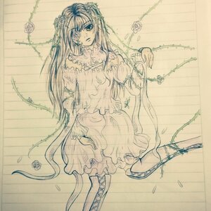 Rating: Safe Score: 0 Tags: 1girl doll_joints dress eyepatch flower image joints kirakishou long_hair plant rose solo thighhighs thorns traditional_media vines User: admin