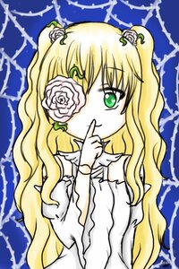 Rating: Safe Score: 0 Tags: 1girl blonde_hair dress finger_to_mouth flower green_eyes hair_flower hair_ornament image kirakishou long_hair pink_rose plant rose solo thorns vines wavy_hair white_dress white_rose User: admin