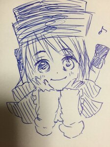 Rating: Safe Score: 0 Tags: 1girl :3 blush closed_mouth eighth_note eyebrows_visible_through_hair hat image long_sleeves looking_at_viewer monochrome musical_note photo short_hair simple_background smile solo souseiseki striped traditional_media yumeki_kokoro User: admin