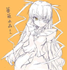 Rating: Safe Score: 0 Tags: 1girl bangs barasuishou hair_ribbon image long_hair long_sleeves looking_at_viewer monochrome oekaki orange_background simple_background solo User: admin