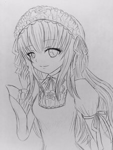 Rating: Safe Score: 0 Tags: 1girl closed_mouth dress eyebrows_visible_through_hair flower frills graphite_(medium) greyscale hair_ribbon hairband hand_up image juliet_sleeves lolita_hairband long_hair long_sleeves looking_at_viewer monochrome ribbon rose simple_background smile solo suigintou traditional_media upper_body very_long_hair User: admin