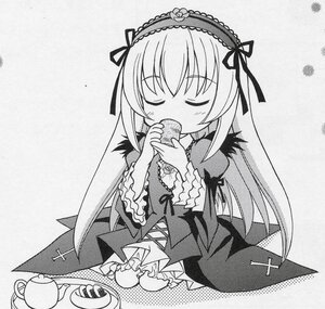 Rating: Safe Score: 0 Tags: 1girl blush closed_eyes cup dress eating food frills greyscale hairband image lolita_fashion lolita_hairband long_hair long_sleeves monochrome ribbon sitting solo suigintou tea teacup User: admin