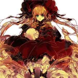 Rating: Safe Score: 0 Tags: 2girls blonde_hair dress eating food green_eyes hat image long_hair long_sleeves multiple_girls rose shinku solo twintails very_long_hair User: admin