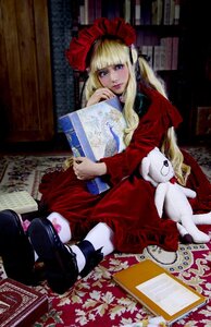 Rating: Safe Score: 0 Tags: 1girl blonde_hair blue_eyes bonnet book dress long_hair red_dress shinku sitting solo User: admin