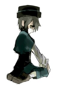 Rating: Safe Score: 0 Tags: 1boy 1girl green_eyes hat image long_sleeves looking_at_viewer looking_back pale_skin short_hair simple_background sitting solo souseiseki white_background User: admin