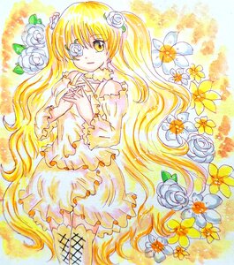 Rating: Safe Score: 0 Tags: 1girl blonde_hair blue_flower blue_rose dress eyepatch flower frills hair_ornament image kirakishou long_hair rose skirt solo thighhighs traditional_media very_long_hair watercolor_(medium) yellow_flower yellow_rose zettai_ryouiki User: admin