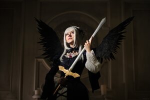 Rating: Safe Score: 0 Tags: 1girl black_dress black_wings dress feathered_wings feathers lips purple_eyes solo suigintou sword weapon wings User: admin