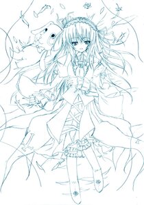 Rating: Safe Score: 0 Tags: 1girl blush dress frills full_body hairband image leg_garter lolita_hairband long_hair long_sleeves looking_at_viewer monochrome sketch solo standing stuffed_animal suigintou very_long_hair User: admin