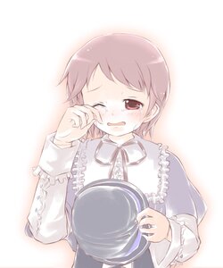 Rating: Safe Score: 0 Tags: 1girl blush brown_hair crying frills hat hat_removed headwear_removed holding holding_clothes holding_hat image long_sleeves one_eye_closed short_hair simple_background solo souseiseki striped striped_background tears upper_body vertical_stripes User: admin