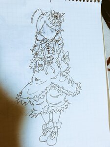 Rating: Safe Score: 0 Tags: 1girl ahoge blue_theme dress hair_ornament image kanaria long_hair long_sleeves monochrome ribbon sketch solo solo_braid traditional_media User: admin