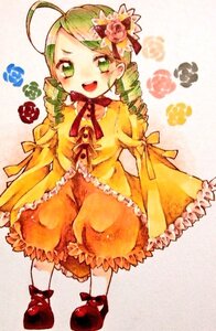 Rating: Safe Score: 0 Tags: 1girl ahoge bloomers blush dress drill_hair flower frills full_body green_eyes green_hair hair_flower hair_ornament image kanaria long_sleeves open_mouth rose smile solo standing traditional_media twin_drills underwear User: admin
