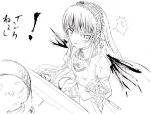 Rating: Safe Score: 0 Tags: 1girl auto_tagged blush feathers greyscale hairband image long_hair long_sleeves monochrome simple_background solo suigintou table upper_body white_background wings User: admin
