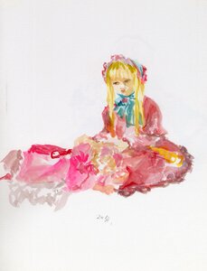 Rating: Safe Score: 0 Tags: 1girl blonde_hair bow dress frills grey_background hinaichigo image long_hair long_sleeves pair photo shinku simple_background solo traditional_media User: admin