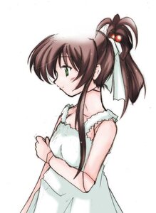 Rating: Safe Score: 0 Tags: 1girl brown_hair collarbone dress green_eyes hair_ribbon image ponytail profile ribbon sidelocks simple_background sleeveless solo striped suiseiseki white_background white_dress User: admin