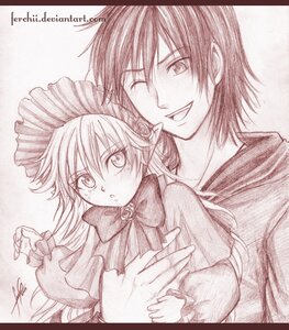 Rating: Safe Score: 0 Tags: 1boy 1girl bow bowtie capelet dress flower hat image long_hair long_sleeves monochrome one_eye_closed open_mouth pointy_ears shinku smile solo User: admin