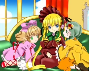 Rating: Safe Score: 0 Tags: 3girls ankle_ribbon blonde_hair blue_eyes bonnet bow curtains dress drill_hair flower green_eyes green_hair hair_bow hina_ichigo image kanaria long_hair long_sleeves looking_at_viewer multiple multiple_girls pink_bow red_dress ribbon rose shinku shoes sitting tagme window User: admin