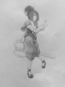 Rating: Safe Score: 0 Tags: 1girl full_body greyscale hair_over_one_eye hat image long_sleeves monochrome short_hair skirt solo souseiseki standing traditional_media User: admin