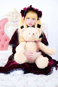 Rating: Safe Score: 0 Tags: 1girl auto_tagged bangs blonde_hair blue_eyes bonnet dress frills lace lips lolita_fashion long_hair looking_at_viewer pantyhose red_dress shinku sitting solo stuffed_animal User: admin
