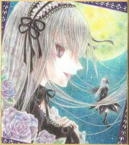 Rating: Safe Score: 0 Tags: 1girl acrylic_paint_(medium) black_hair black_ribbon flower full_moon hair_ribbon hairband image long_hair moon profile ribbon rose shikishi solo suigintou traditional_media User: admin