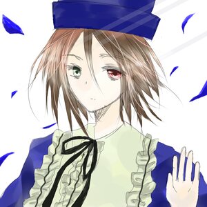 Rating: Safe Score: 0 Tags: 1girl blue_headwear brown_hair confetti frills green_eyes hat heterochromia image long_sleeves looking_at_viewer petals red_eyes ribbon saigyouji_yuyuko short_hair solo souseiseki striped striped_background upper_body wind User: admin